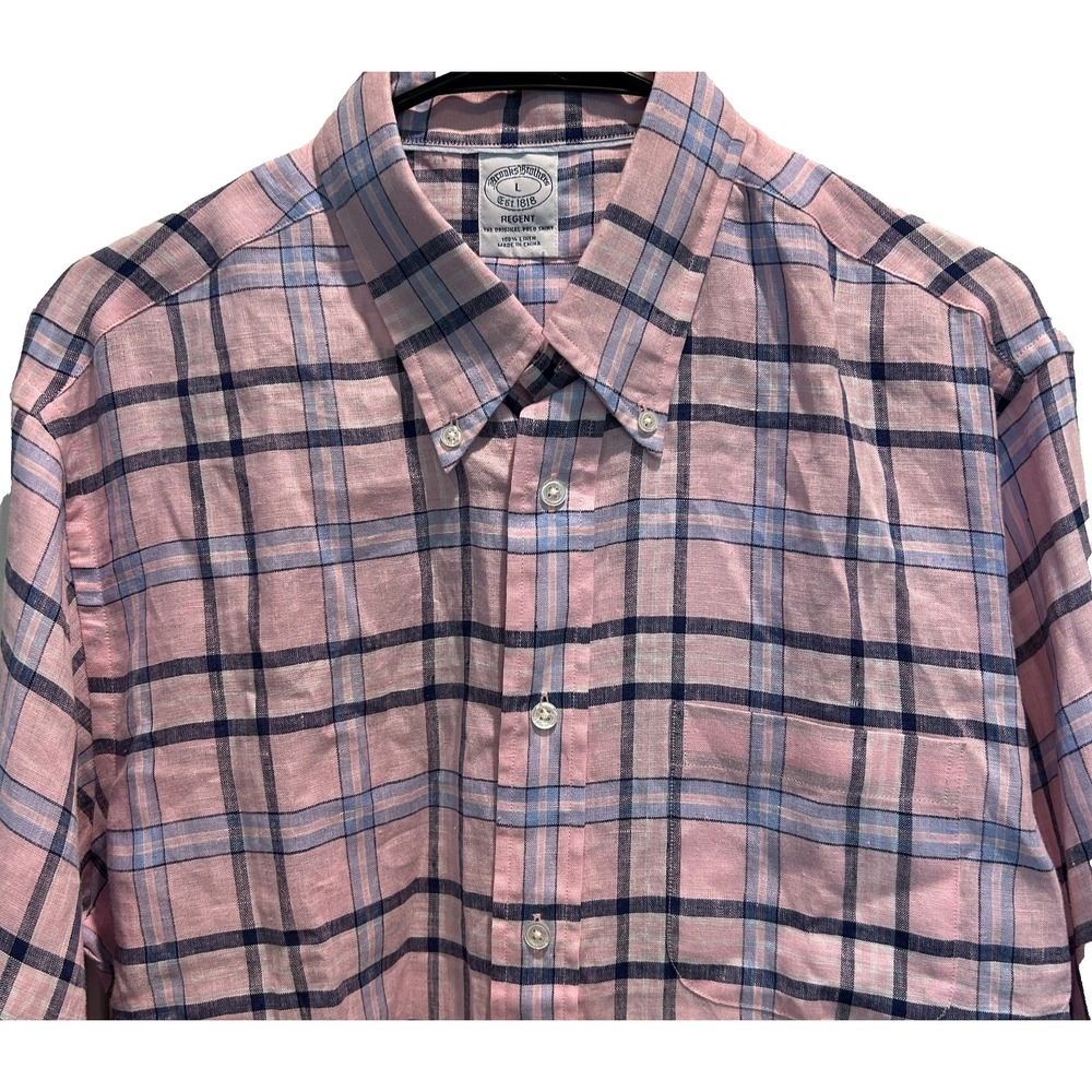 Brooks Brothers Regent 100% Linen Men's Oxford Dress Shirt Large Pink Plaid - Picture 4 of 6